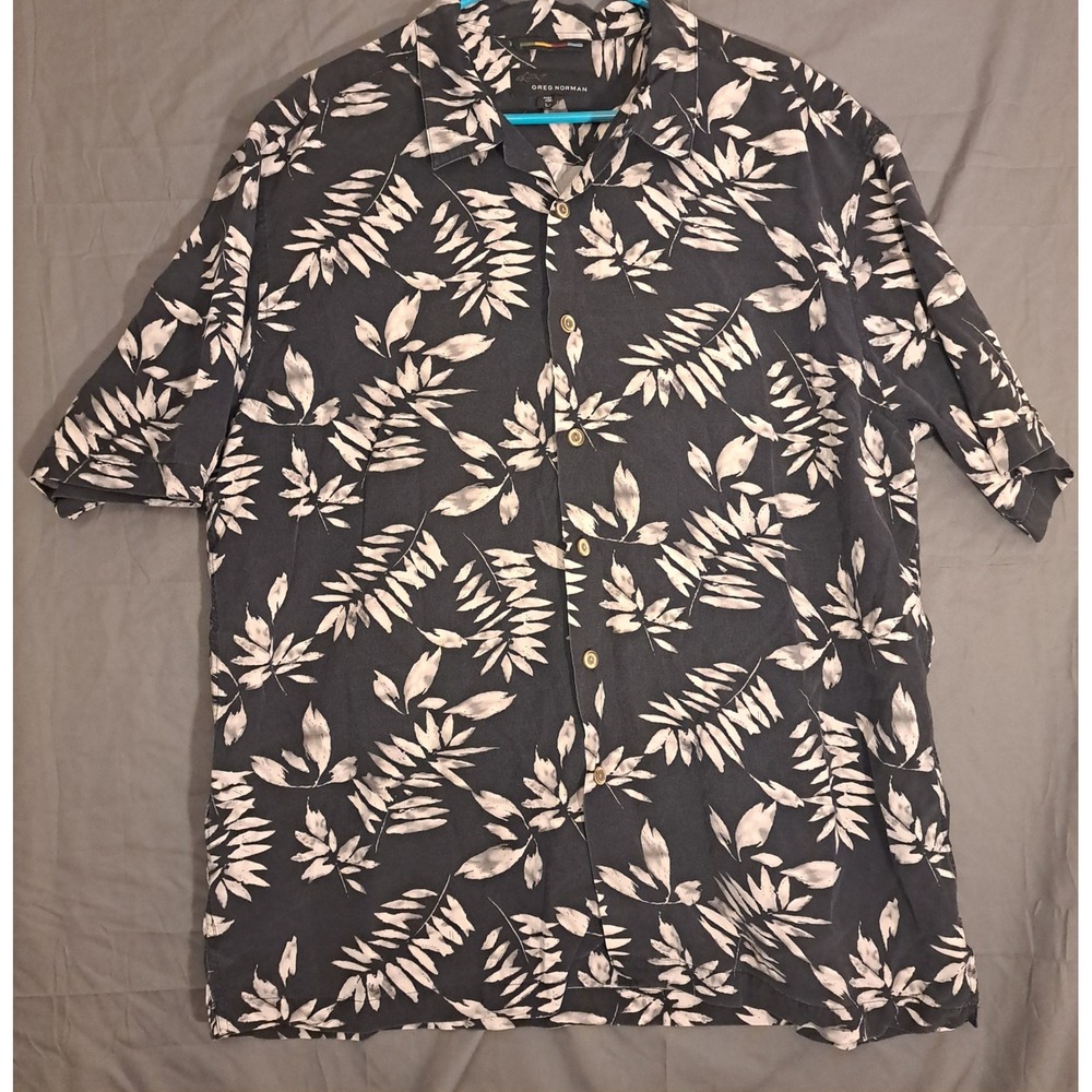 Greg Norman Black White Floral/Leaf Print Button Up Shirt Mens Size Large
